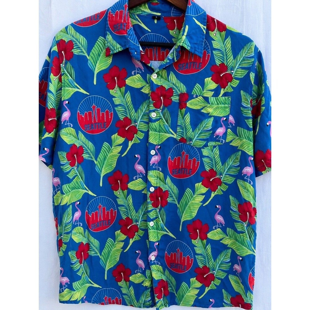 Rare Y2K Vintage 2001 Seattle Hawaiian Camp Shirt Flamingo Hibiscus Viscose L